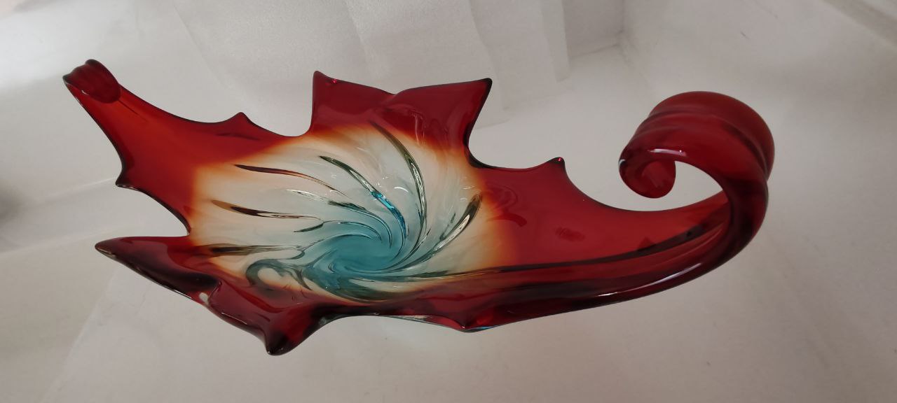 Murano Style Hand-Blown Swirl Bowl – Red, Amber & Blue Glass Sculpture – Large Decorative Centerpiece