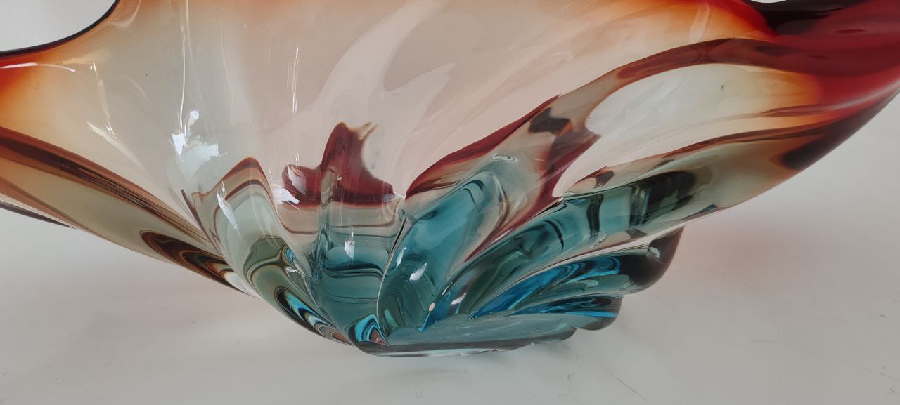 Murano Style Hand-Blown Swirl Bowl – Red, Amber & Blue Glass Sculpture – Large Decorative Centerpiece