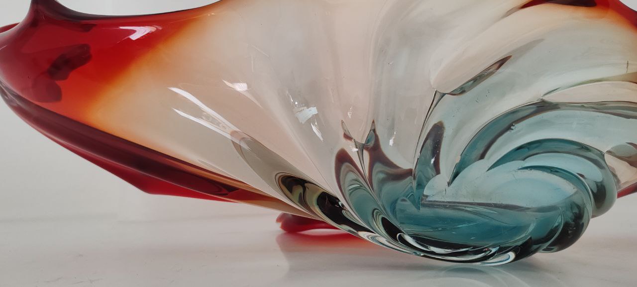 Murano Style Hand-Blown Swirl Bowl – Red, Amber & Blue Glass Sculpture – Large Decorative Centerpiece