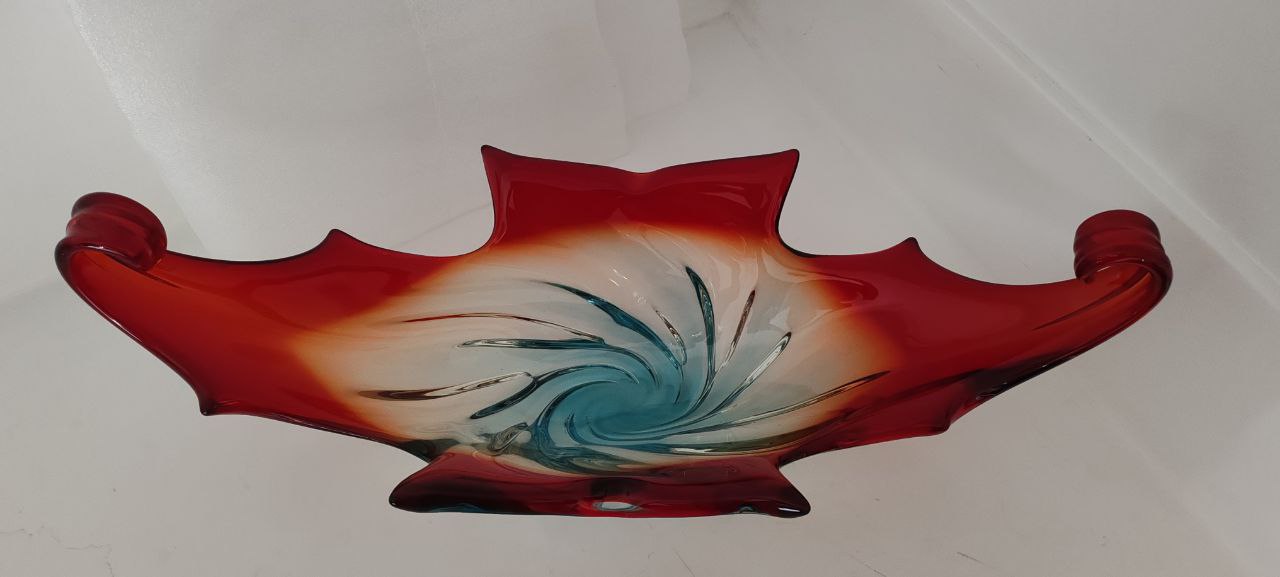 Murano Style Hand-Blown Swirl Bowl – Red, Amber & Blue Glass Sculpture – Large Decorative Centerpiece