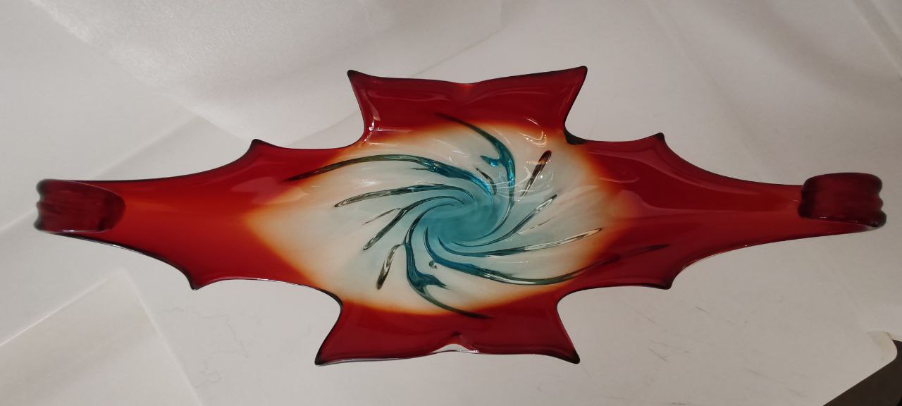 Murano Style Hand-Blown Swirl Bowl – Red, Amber & Blue Glass Sculpture – Large Decorative Centerpiece
