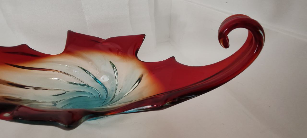 Murano Style Hand-Blown Swirl Bowl – Red, Amber & Blue Glass Sculpture – Large Decorative Centerpiece