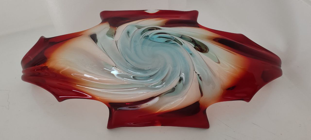 Murano Style Hand-Blown Swirl Bowl – Red, Amber & Blue Glass Sculpture – Large Decorative Centerpiece