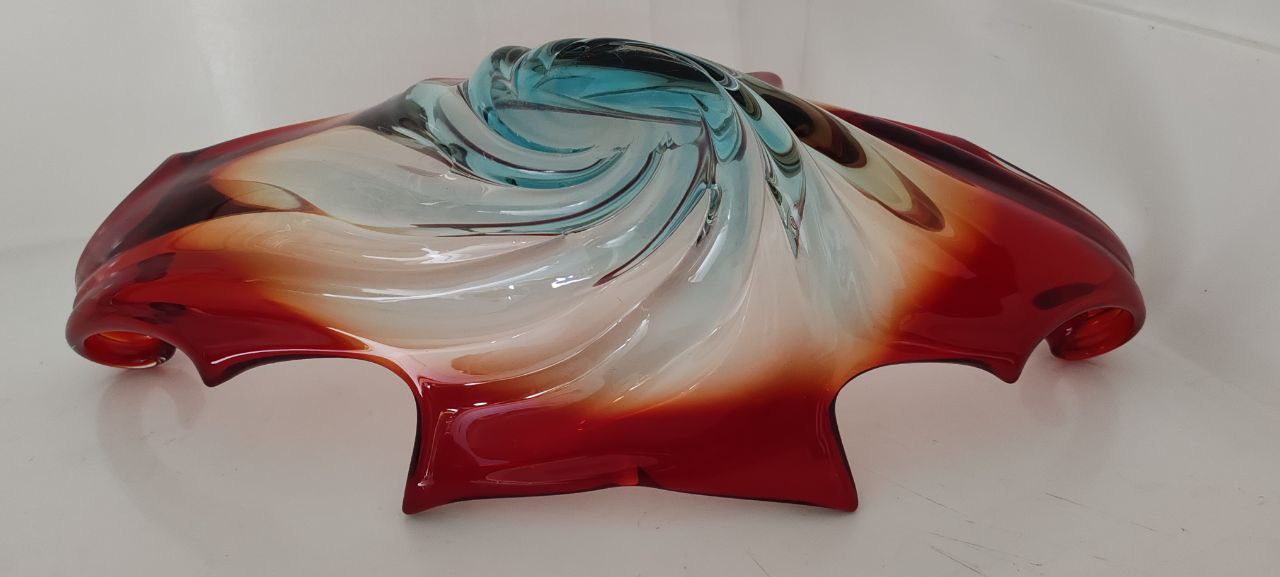 Murano Style Hand-Blown Swirl Bowl – Red, Amber & Blue Glass Sculpture – Large Decorative Centerpiece