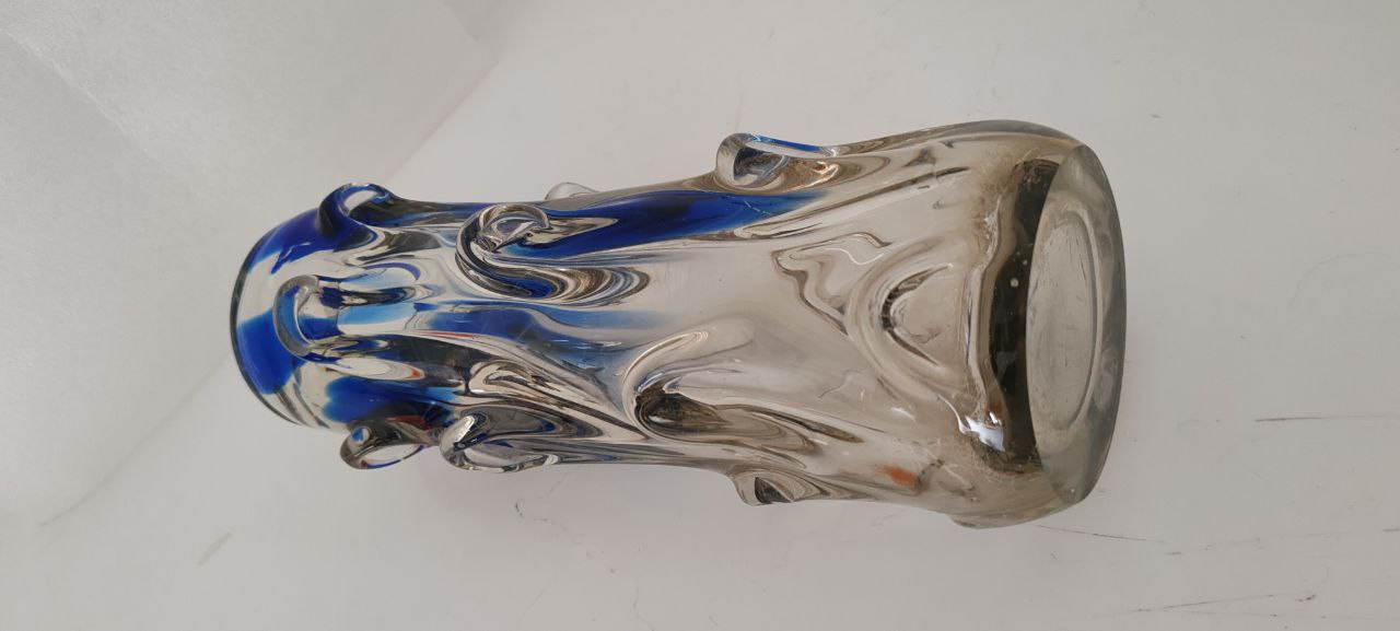 Vintage Murano Art Glass Vase – Blue & Orange Lava Design with Clear Textured Base – Tree Trunk Style