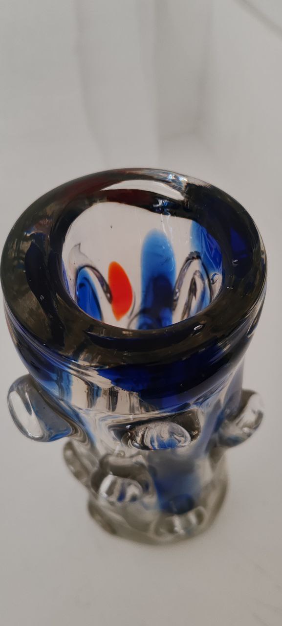 Vintage Murano Art Glass Vase – Blue & Orange Lava Design with Clear Textured Base – Tree Trunk Style