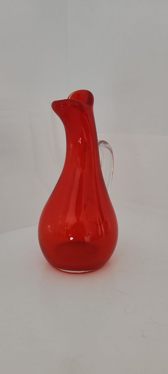 Murano Style Red Art Glass Pitcher with Clear Handle