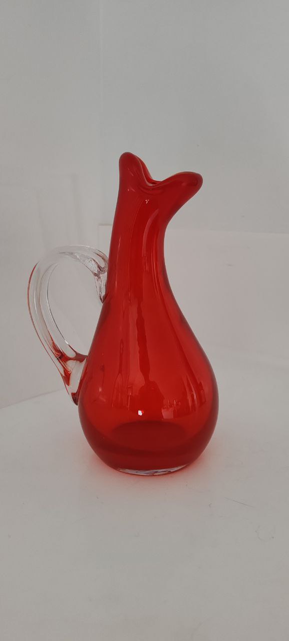 Murano Style Red Art Glass Pitcher with Clear Handle