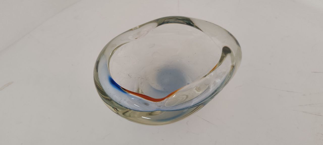 Vintage Murano Freeform Clear Art Glass Bowl with Subtle Amber & Blue Accents – 1960s