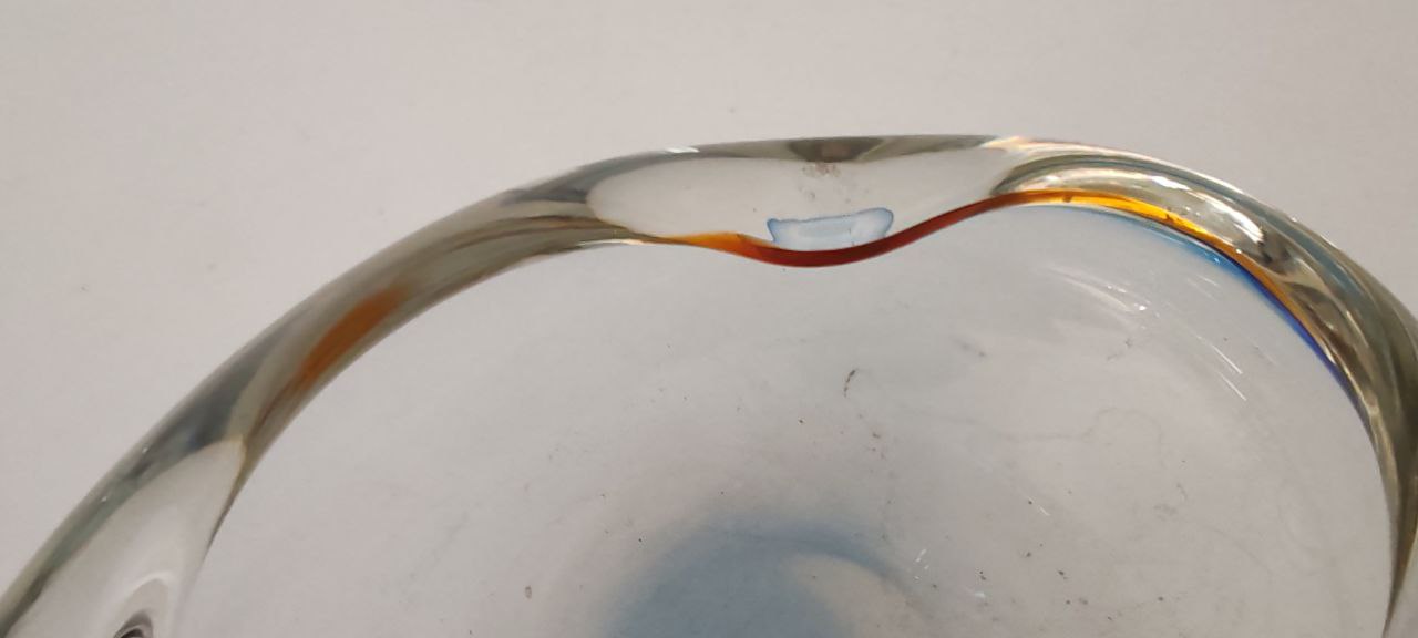Vintage Murano Freeform Clear Art Glass Bowl with Subtle Amber & Blue Accents – 1960s