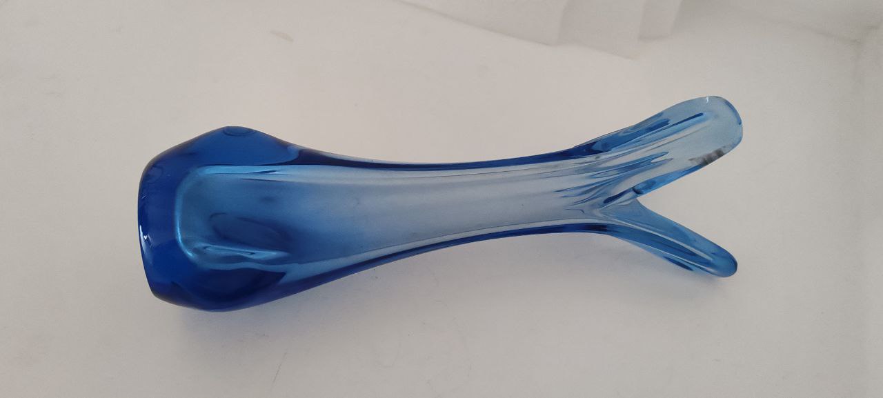 Tall Blue Murano Hand-Blown Vase – Three-Prong Organic Form – 1960s