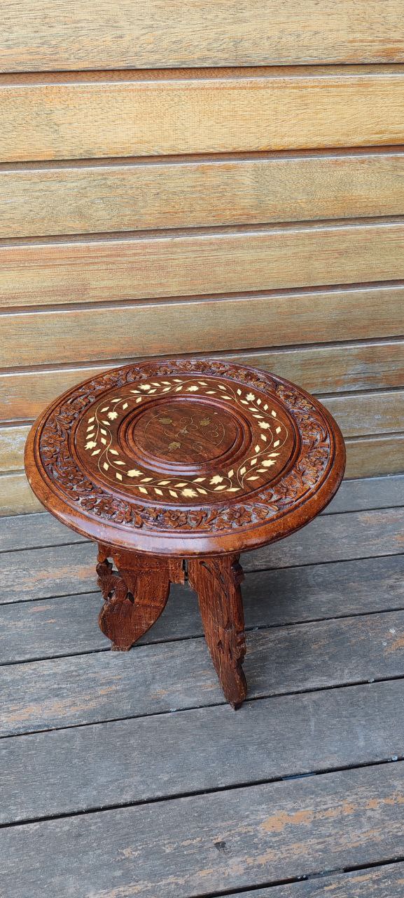 Hand-Carved Folding Wooden Table with Inlay – Indian Craftsmanship