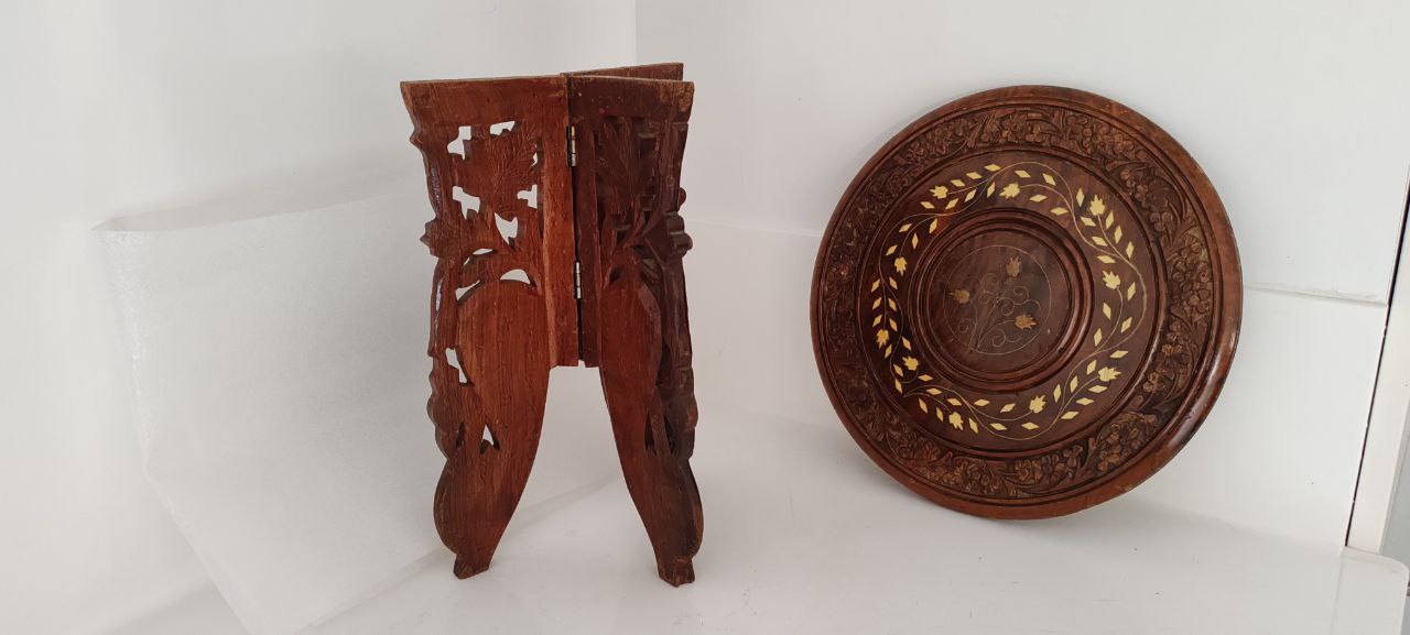 Hand-Carved Folding Wooden Table with Inlay – Indian Craftsmanship