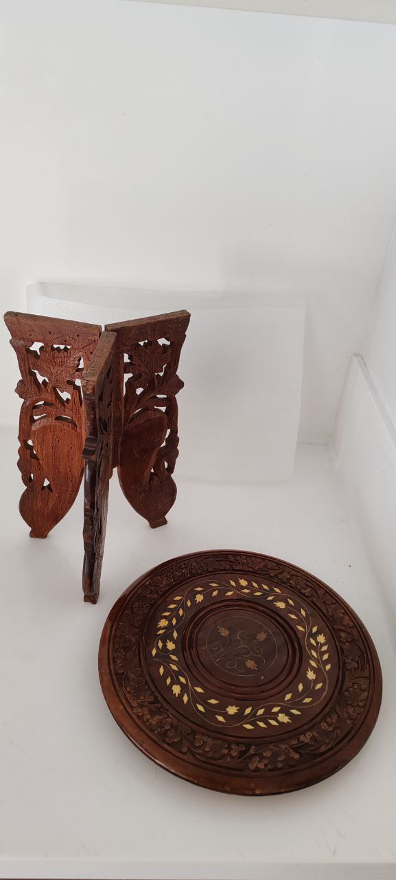 Hand-Carved Folding Wooden Table with Inlay – Indian Craftsmanship