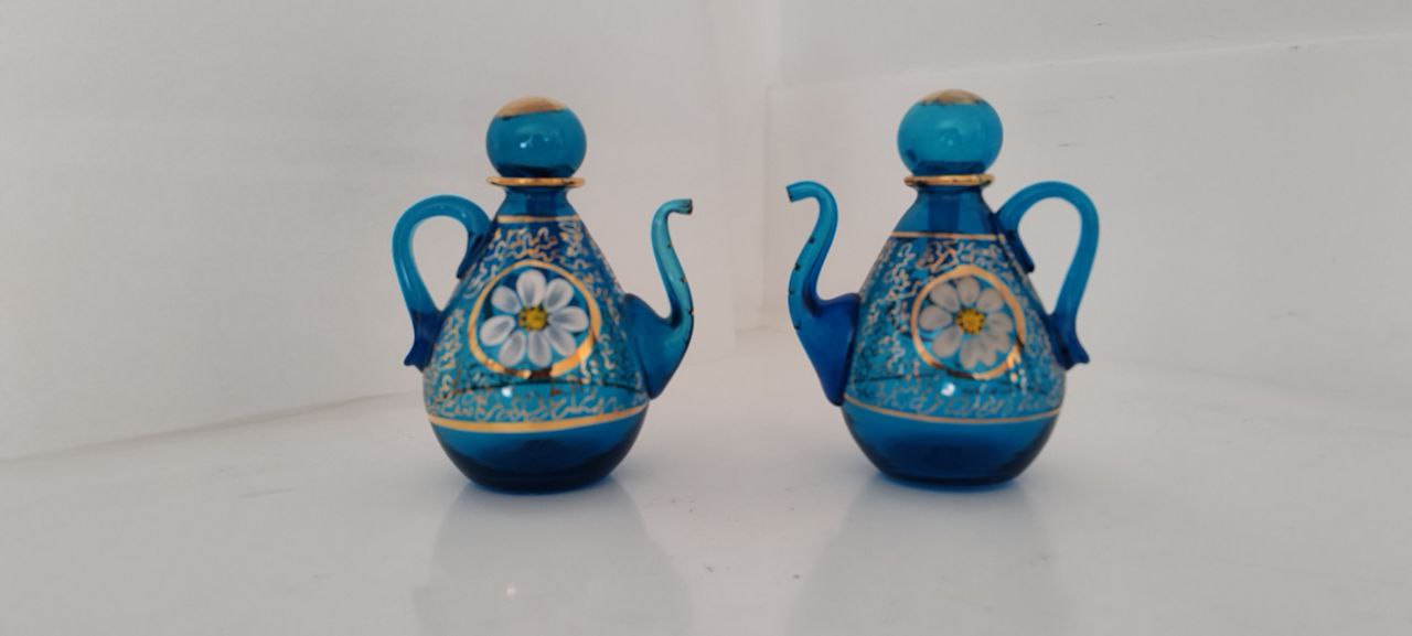 Pair of Hand-Painted Blue Murano-Style Glass Miniature Ewers