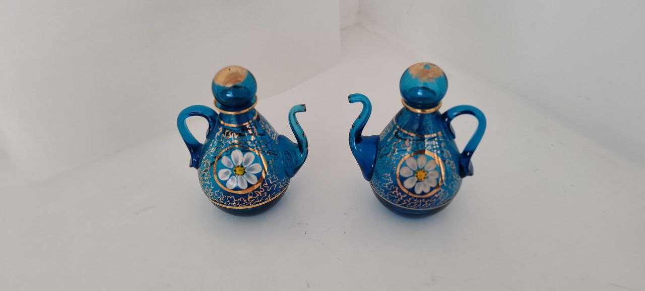 Pair of Hand-Painted Blue Murano-Style Glass Miniature Ewers