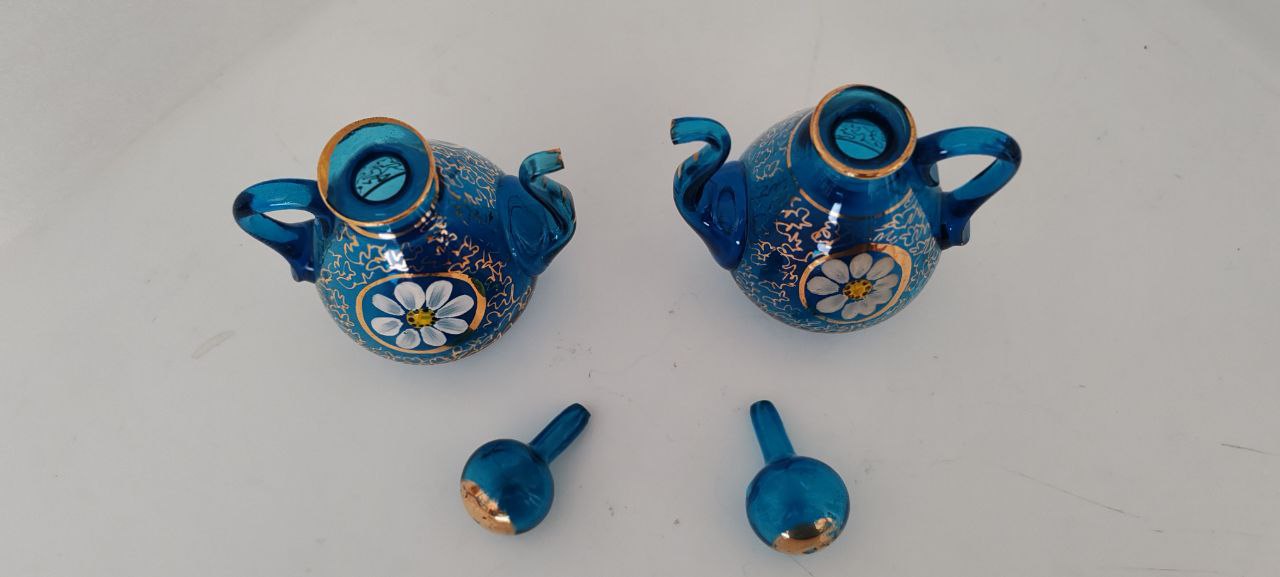 Pair of Hand-Painted Blue Murano-Style Glass Miniature Ewers
