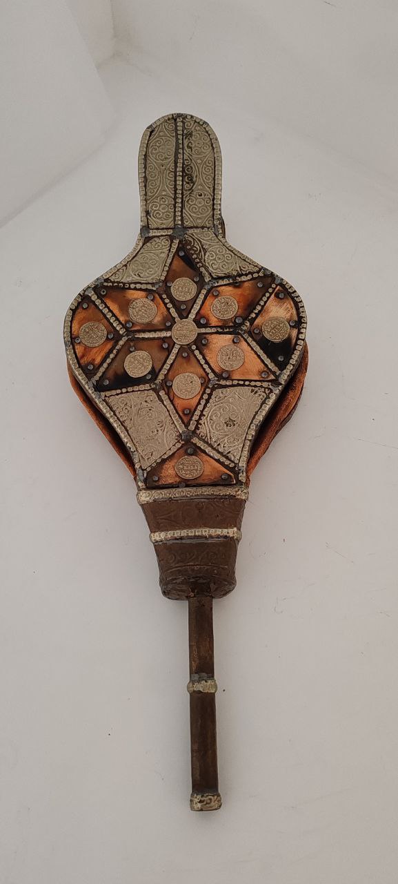 Antique Handcrafted Fireplace Bellows with Metal & Coin Embellishments – 43x16 cm