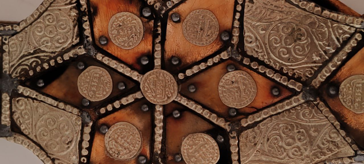 Antique Handcrafted Fireplace Bellows with Metal & Coin Embellishments – 43x16 cm