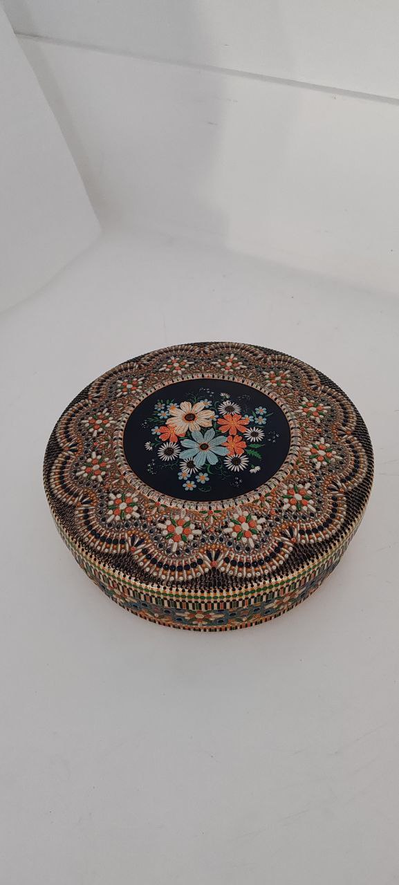 Vintage Floral Embossed Round Tin Box – Decorative Storage Container – Colorful Oriental Pattern