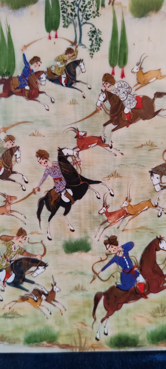 Persian Miniature Hunting Scene on Bone – Landscape Composition