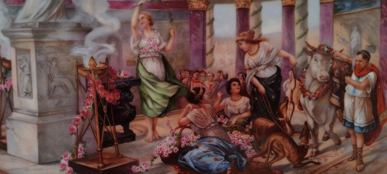 Vintage Karlsbad Porcelain Serving Tray with Classical Scene – Green & Gold Rim – 48 cm