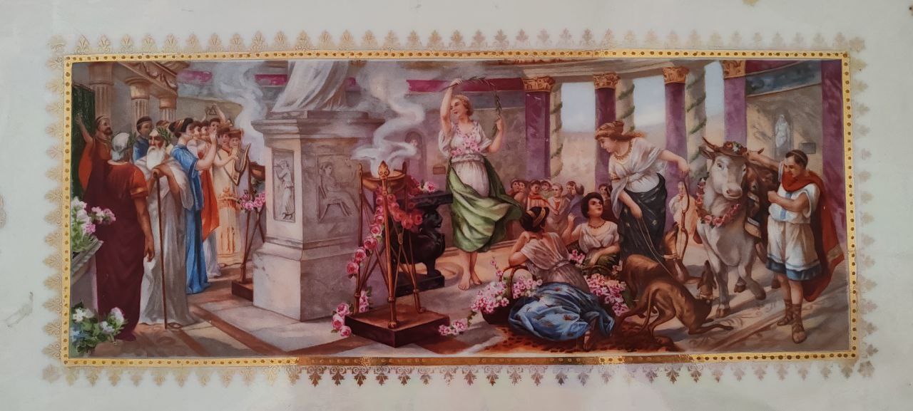 Vintage Karlsbad Porcelain Serving Tray with Classical Scene – Green & Gold Rim – 48 cm