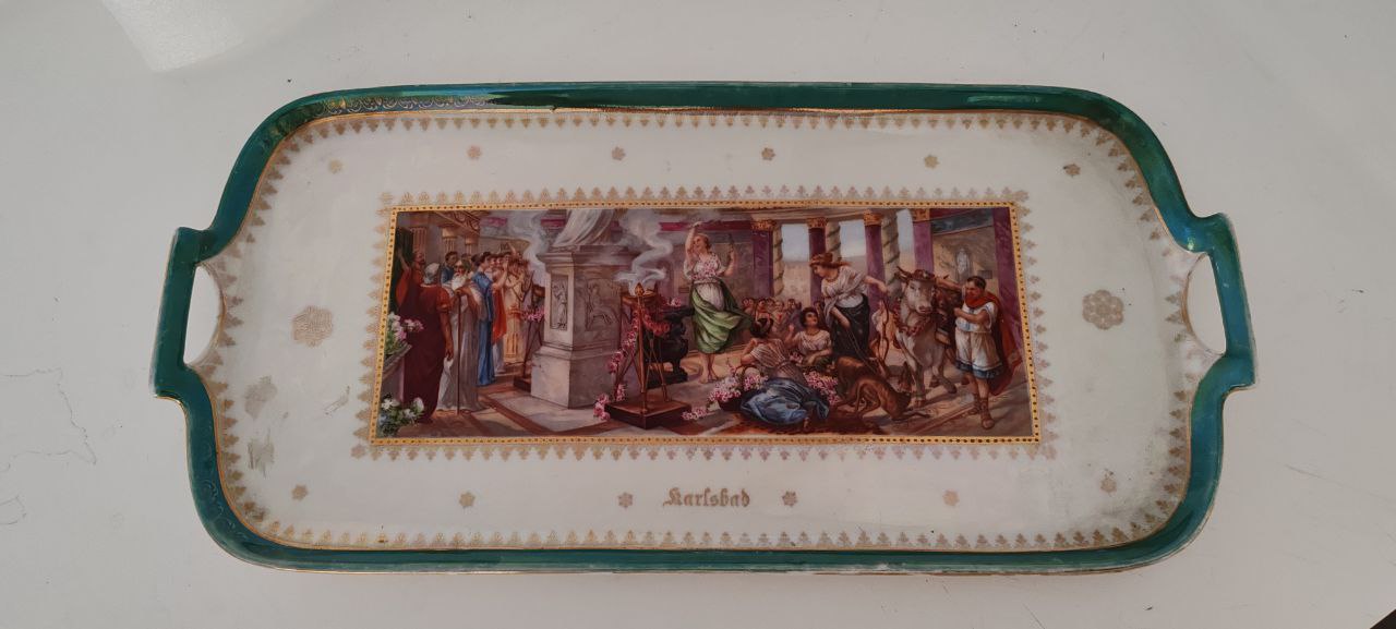 Vintage Karlsbad Porcelain Serving Tray with Classical Scene – Green & Gold Rim – 48 cm