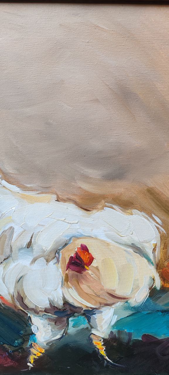 Original Oil Painting by Gülgün Türel – White Rooster – 41x49 cm