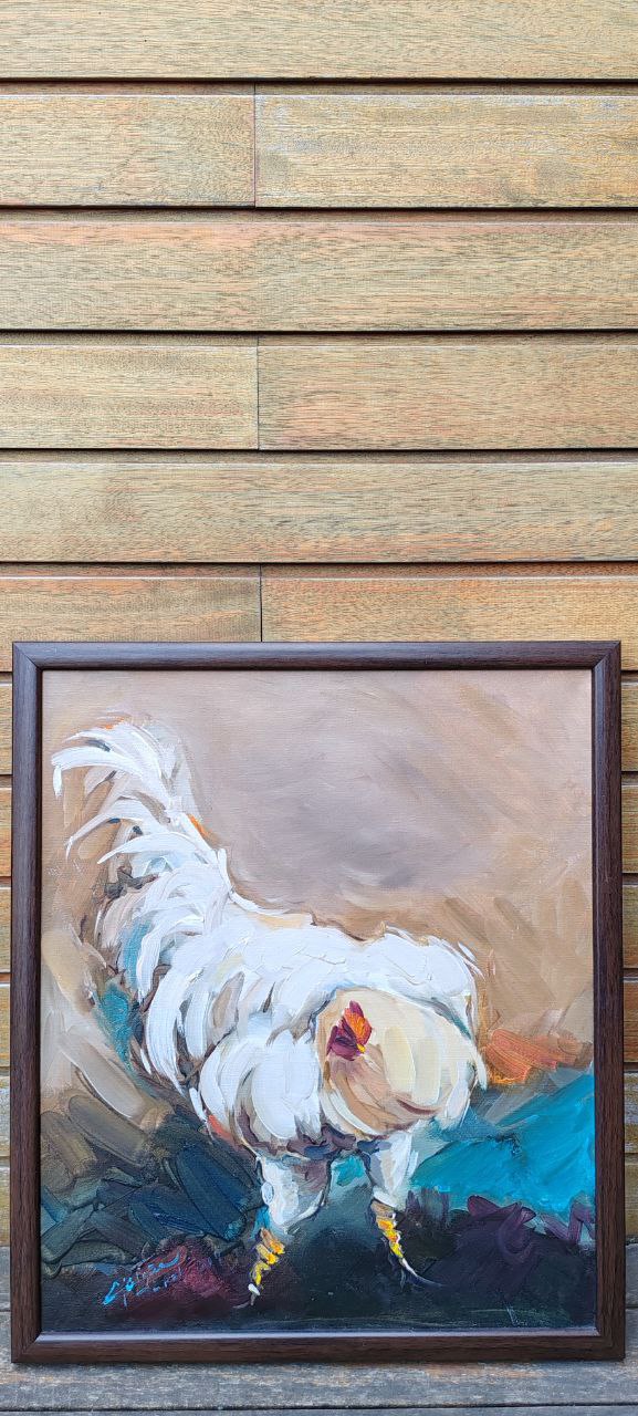 Original Oil Painting by Gülgün Türel – White Rooster – 41x49 cm