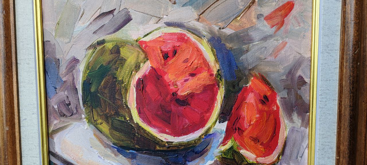 Original Oil Painting by Gülgün Türel – Watermelon Still Life – 24x26 cm