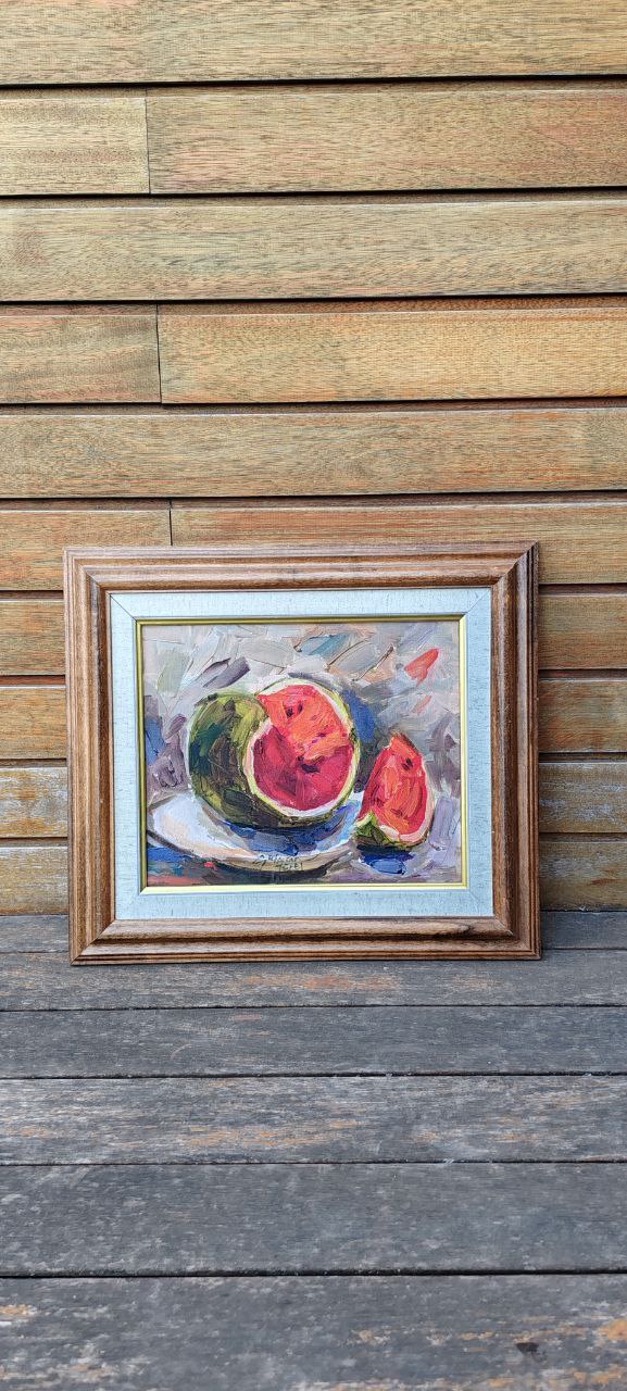 Original Oil Painting by Gülgün Türel – Watermelon Still Life – 24x26 cm