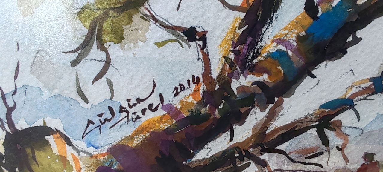 Original Watercolor by Gülgün Türel – Tree and Figures Landscape – 22x30 cm