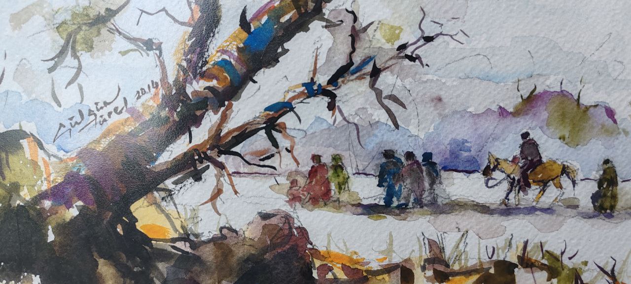 Original Watercolor by Gülgün Türel – Tree and Figures Landscape – 22x30 cm