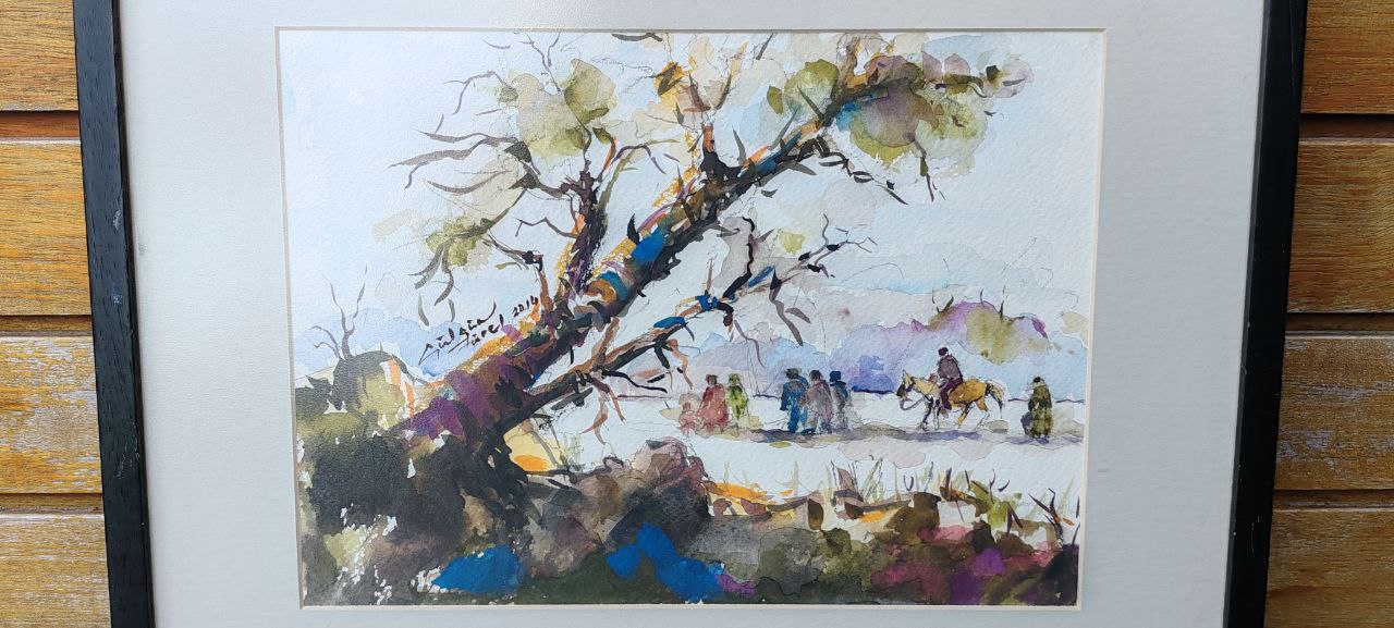 Original Watercolor by Gülgün Türel – Tree and Figures Landscape – 22x30 cm