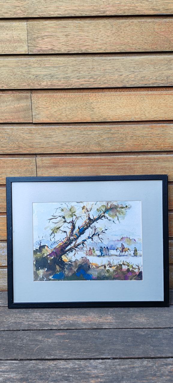 Original Watercolor by Gülgün Türel – Tree and Figures Landscape – 22x30 cm