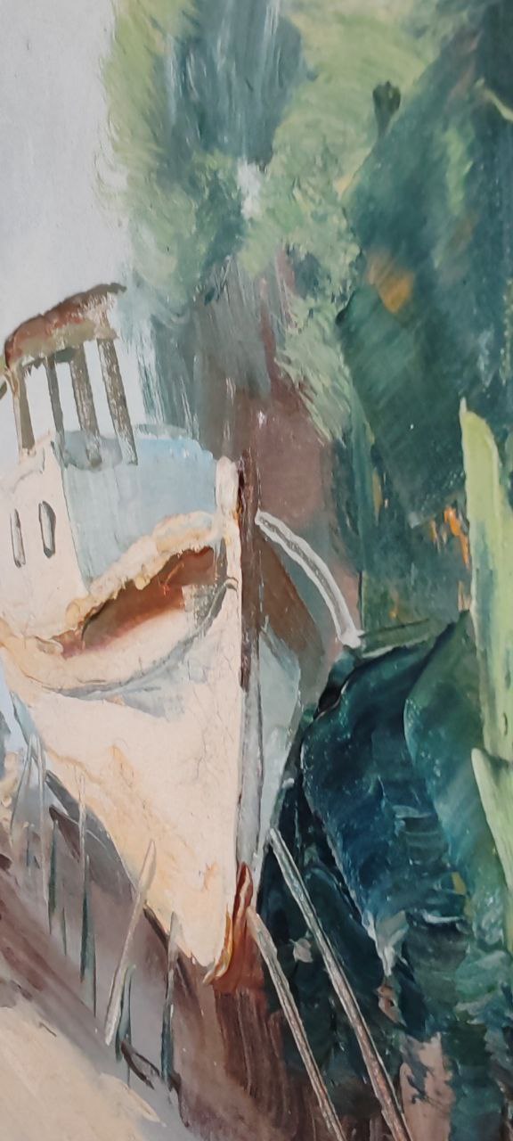 Vintage Oil Painting – Beached Fishing Boats – Signed, 38x48 cm