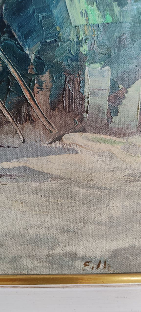 Vintage Oil Painting – Beached Fishing Boats – Signed, 38x48 cm