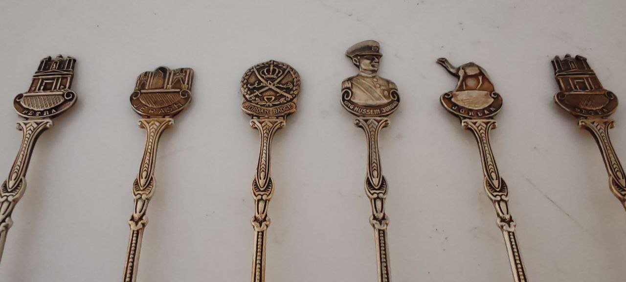 Set of 6 Vintage Jordanian Souvenir Spoons – King Hussein, Petra, Jerash & More