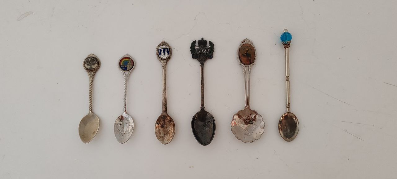Lot of 6 Vintage Collectible Souvenir Spoons – Mixed Designs – Enamel & Metal