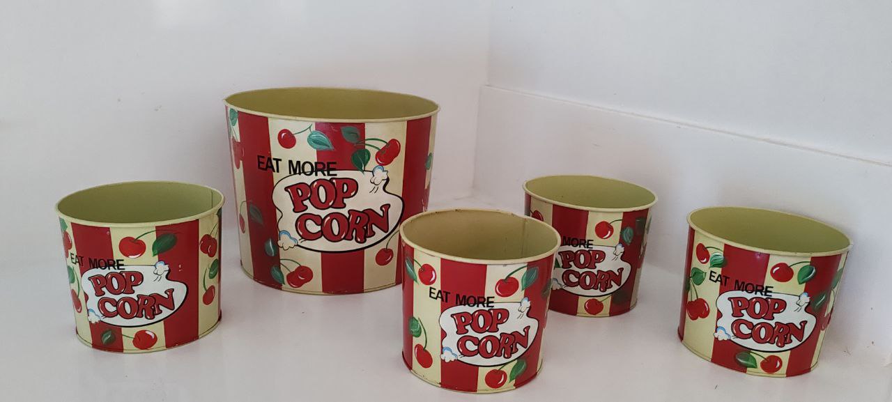 Vintage Popcorn Tin Canister Set – 'Eat More Popcorn' Retro Design (Set of 5)
