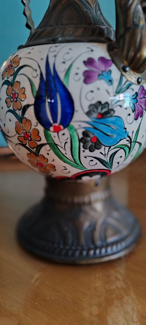 Iznik Ceramic Tombak Ewer – Hand-Painted Floral Tulip Design – 38x20 cm