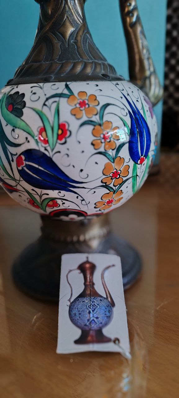 Iznik Ceramic Tombak Ewer – Hand-Painted Floral Tulip Design – 38x20 cm