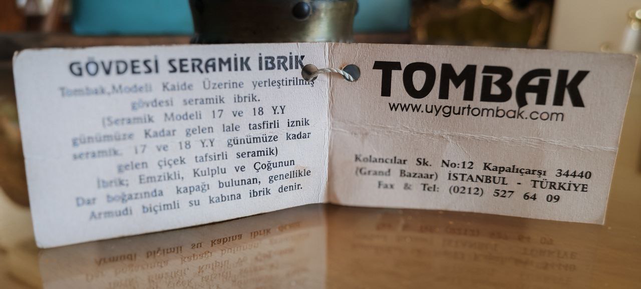 Iznik Ceramic Tombak Ewer – Hand-Painted Floral Tulip Design – 38x20 cm