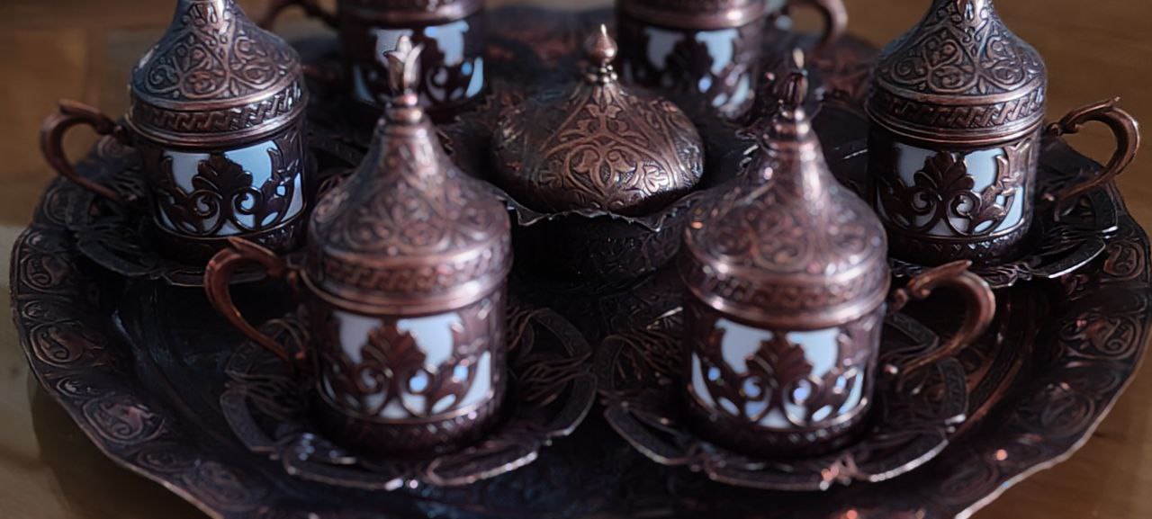 Turkish Copper Coffee Set with 6 Cups and Lokumluk – Made in Turkey