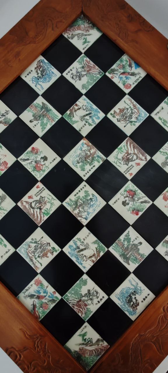 Chinese Soapstone Chess Set with Hand-Painted Board – 46x6 cm, King 9 cm