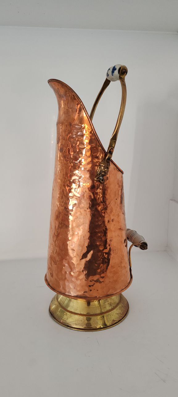 Tall Hammered Copper Coal Scuttle with Delft Porcelain Handles