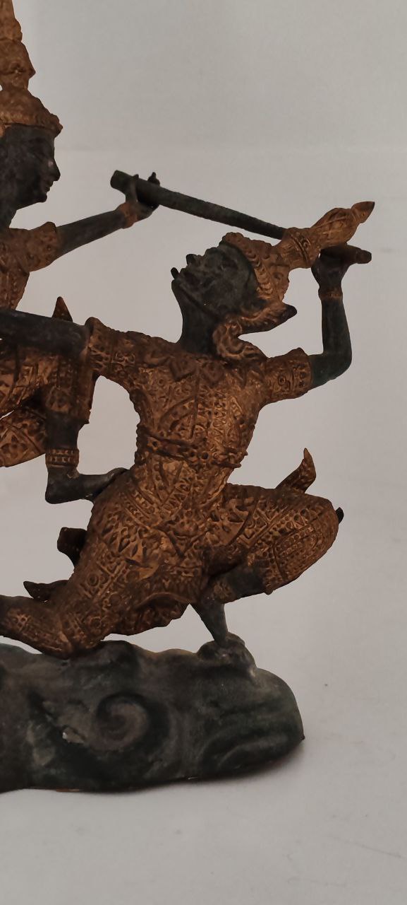 Rare Vintage Temple Warrior Figurine in Gilt Copper – Thai Khon Dancer – 23x18x13 cm
