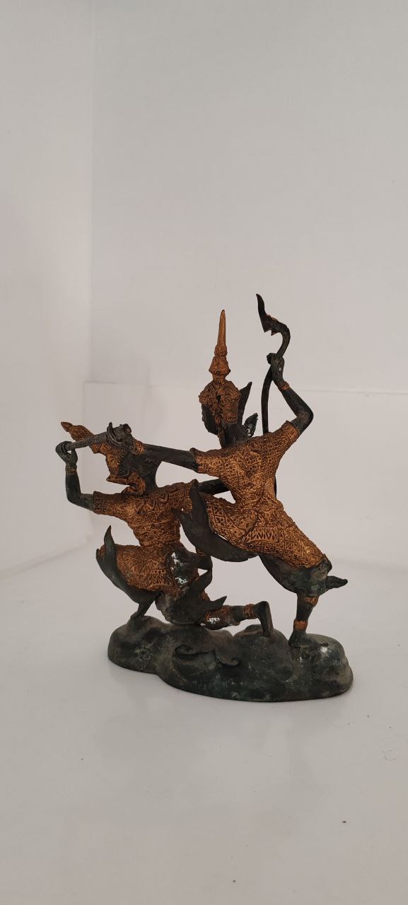 Rare Vintage Temple Warrior Figurine in Gilt Copper – Thai Khon Dancer – 23x18x13 cm