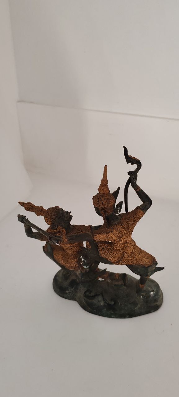 Rare Vintage Temple Warrior Figurine in Gilt Copper – Thai Khon Dancer – 23x18x13 cm